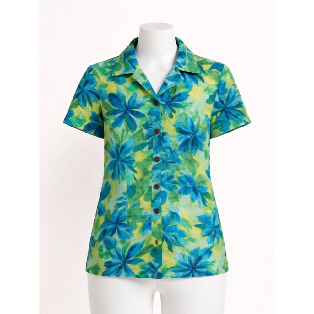 Chico’s 100% Linen Tropical Floral Button Front Camp Shirt Jacket Sz. 2 (Large)